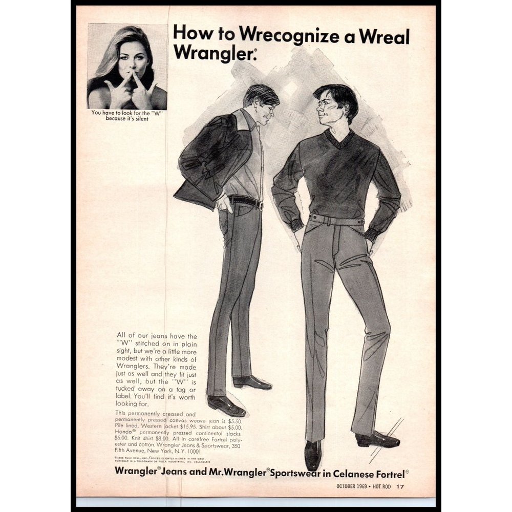 1969 Wrangler Jeans and Sportswear Vintage Print Ad 60s Fashion Sketch Wall Art